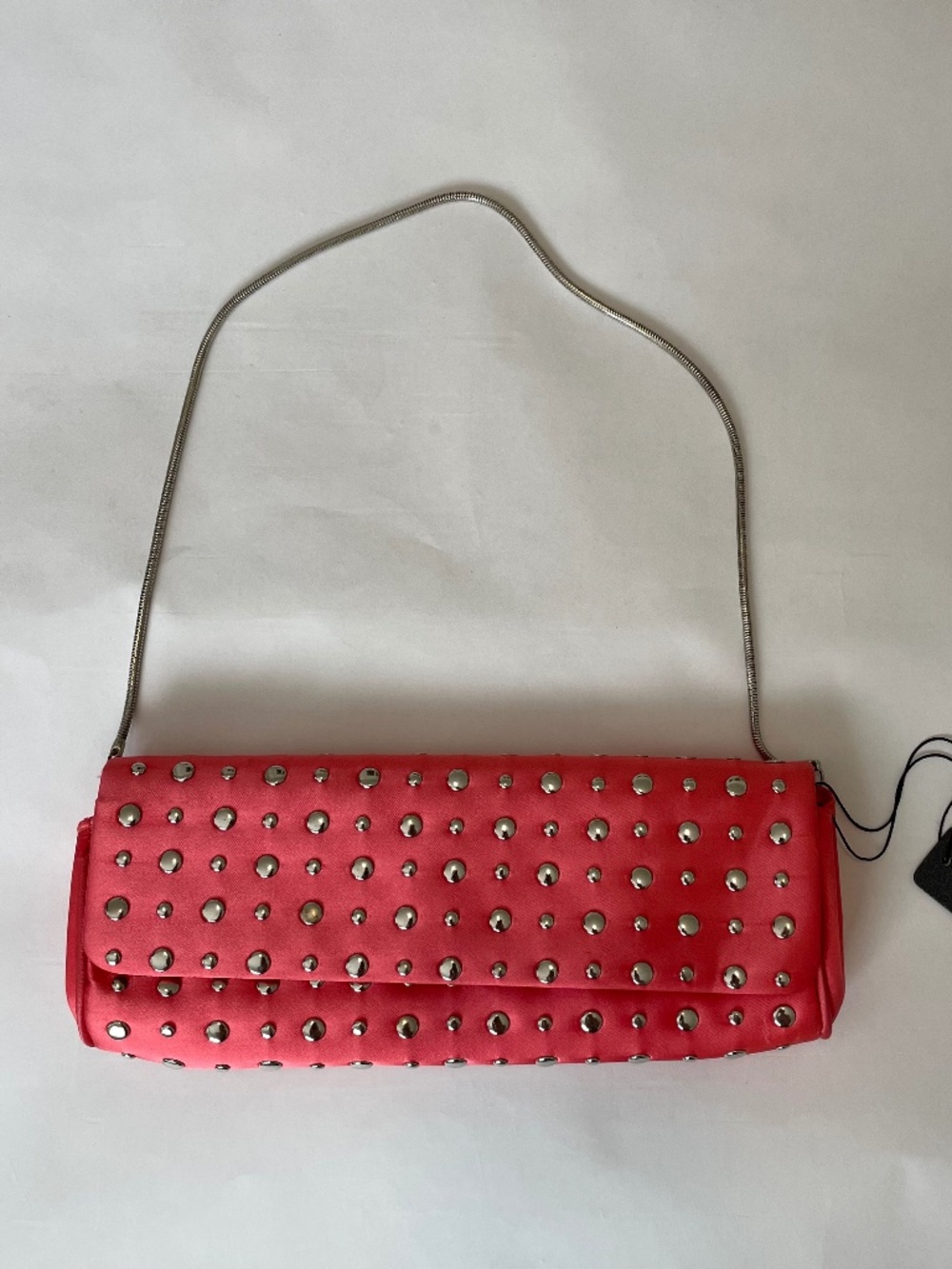 NWT- Vintage Suzy Smith Pink Satin Studded Bag Small Evening Purse Silver Rivets
